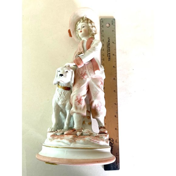 Vintage Figurine Boy with Dog in Pink Andrea by Sadek Bisque Porcelain 10" - Picture 7 of 7